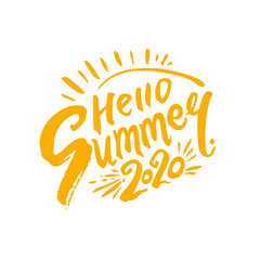 Hello Summer 2020. Hand drawn yellow inscription and sun. Vector design logo template.