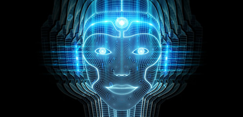 Robotic woman cyborg face representing artificial intelligence 3D rendering