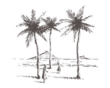 Hawaii Island Sketch With Gils. Hawaii Palm Beach Hand Drawn Vintage Vector Illustration.