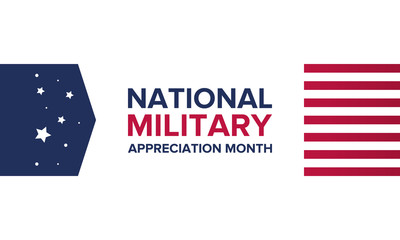 National Military Appreciation Month in May. Annual Armed Forces Celebration Month in United States. Poster, card, banner and background. Vector illustration