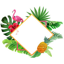 Flamingo With Summer Jungle Tropical Leaves Frame Template Card
