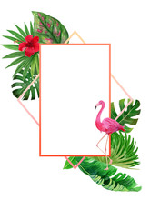 Flamingo With Summer Jungle Tropical Leaves Frame Template Card