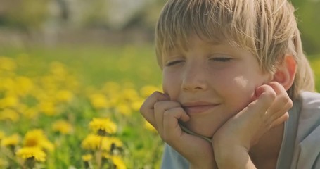 pretty caucasian boy lying on a spring meadow and looks. happy child lies on daisies field, closeup 