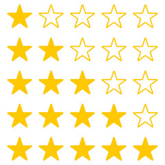 Vector image of a set of yellow stars. Rating, one star, two stars, three stars, four stars, five stars