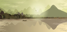 Mountain Landscape In Green And Beige Tones. Mountains, Hills, Forest, Mountain Lake Or River, A Lonely Man In A Boat Fishes. Two Birds Fly Over The Mountains. Foggy Morning. Outdoor Recreation. 