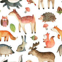 Seamless Pattern With Bird; Elk; Moose; Owl; Leaf; Hazelnut; Mushroom; Squirrel, Hedgehog, Deer, Fox, Heart, Rabbit, Boar, Badger