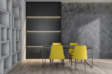 Concrete dining room interior with yellow chairs