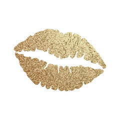 Gold lips. Golden Lip icon with glitter effect, lipstick kiss isolated on white background. Vector illustration.