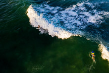 Aerial View Of Surfers And Wave From Above, Burleigh Heads Australia