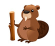 Cute brown beaver holding wooden stick. Cartoon character design. North American beaver Castor canadensis. Rodentia mammals. Happy animal. Flat vector illustration isolated on white background