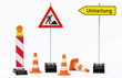 Baustelle Absperrung - Warnbake einzeln mit Leuchte, Fußplatte, Verkehrshütchen, Schild Baustelle und Schild Umleitung auf Pfosten - freigestellt