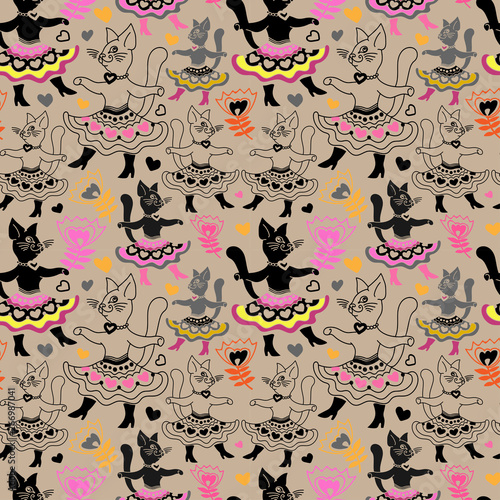 Dancing Cats With Flowers In Hand Drawn Doodle Style On Kraft