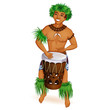 A handsome young man is a Hawaiian, dancer Hula with a drum in national clothes. Musician. Holidays in the Hawaiian Islands. Vector cartoon character.