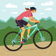 Wall Mural -  Fast mountain woman biker and mountain landscape.