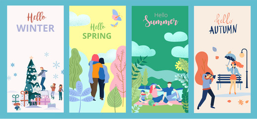 Wall Mural - Hello summer, spring, autumn, winter. Set of posters or cards with people and outdoor seasonal entertainment.