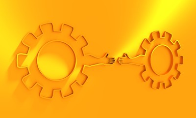 Wall Mural - Web Banner, Header Layout Template. Politic and economic relationship metaphor. Cog wheels with human arms. 3D rendering