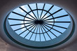 Architectural skylight glass and metal frame low angle under
