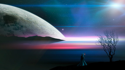 Magician standing on blured lake with mountain silhouette, planet and tree. Digital painting, 3D rendering. Elements furnished by NASA