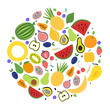 Fresh colourful fruit arranged in circle. Vector illustration.