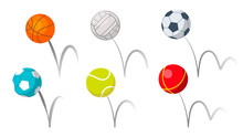 Bounce Balls Sport Playing Equipment Set Vector. Basketball And Soccer Or Football, Volleyball And Tennis Game Accessories Bounce With Trajectory Grey Line. Colorful Flat Cartoon Illustration