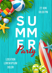 Wall Mural - Summer party poster vector design with colorful beach elements. Vector illustration