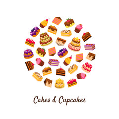 Sticker - Cakes and Cupcakes Banner Template, Delicious Desserts in Circular Shape Vector Illustration