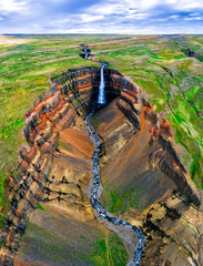 aerial view icelandic summer landscape of the aldeyjarfoss waterfall in north iceland. the waterfall