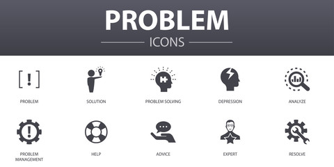 problem simple concept icons set. contains such icons as solution, depression, analyze, resolve and 