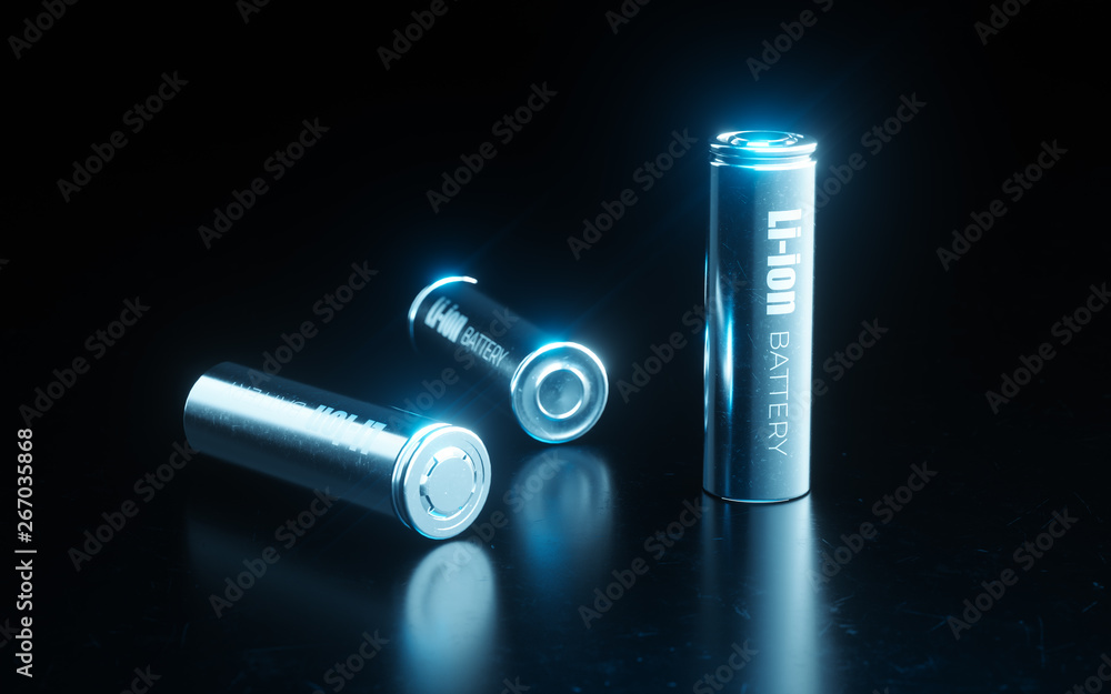 Close up concept of modern metal lithium ion battery cell used in electrical vehicle battery pack in blue light on black metal background. 3d rendering. - obrazy, fototapety, plakaty 