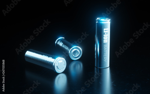 Fotomural Close up concept of modern metal lithium ion battery cell used in electrical vehicle battery pack in blue light on black metal background