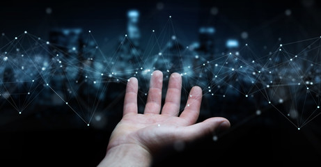 Businessman using floating digital network connections with dots and lines 3D rendering