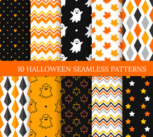 Ten Halloween Different Seamless Patterns. Endless Texture For Wallpaper, Web Page Background, Wrapping Paper And Etc. Smiling Cute Ghosts, Rhombus, Zigzags And Color Maple Leaves