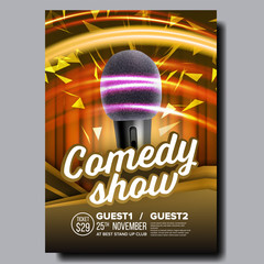 Sticker - Promotional Poster Flyer Of Stand Up Show Vector. Closeup Modern Microphone With Pop Filter, Speed Movement Lights, Yellow Curtain And Colorful Bright Confetti. Realistic 3d Illustration