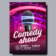 Sticker - Promotional Poster Of Night Stand Up Show Vector. Modern Microphone With Pop Filter, Speed Movement Lights And Purple Curtain On Background Modern Poster. Realistic 3d Illustration