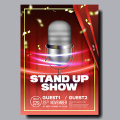 Sticker - Advertising Flyer Banner On Stand Up Show Vector. Silver Old Microphone, Speed Movement Lights And Golden Confetti On Red Curtain Background Design Banner. Comical Concert Realistic 3d Illustration