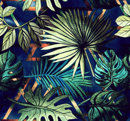 Wall Mural - Seamless pattern with tropical leaves and  geometric shapes. Tropical  background.