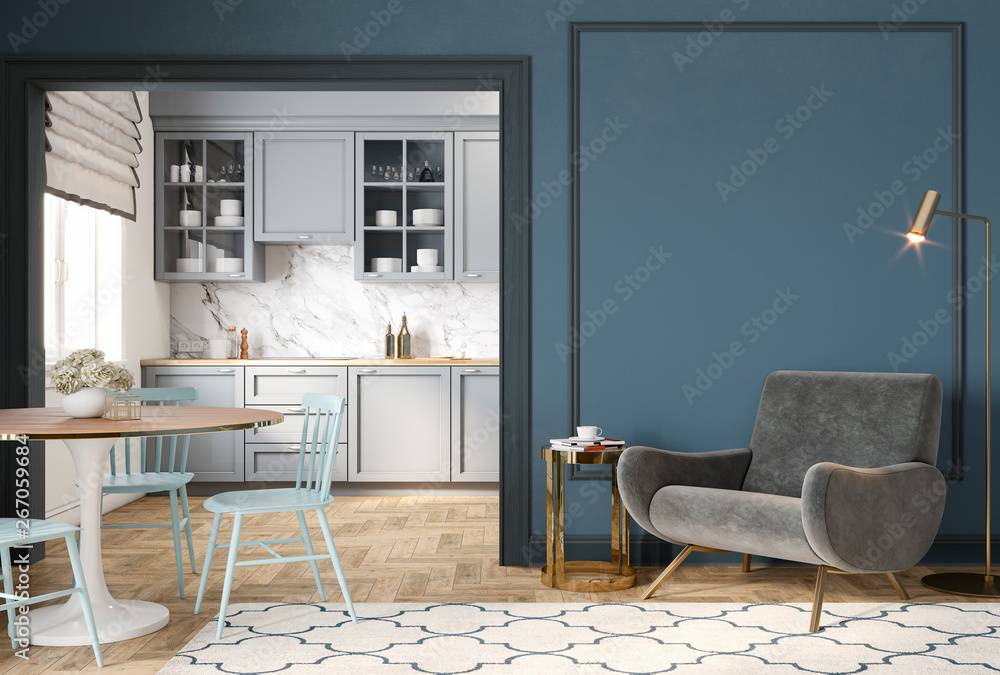 Modern classic blue gray interior with lounge chair, armchair, kitchen, dining table, carpet, floor lamp and mouldings. 3d render illustration mock up. - obrazy, fototapety, plakaty 
