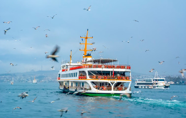 Wall Mural - Muslim architecture and water transport in Turkey - Beautiful View touristic landmarks from sea voyage on Bosphorus. Cityscape of Istanbul at sunset - old mosque and turkish steamboats, view on Golden