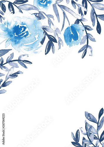 Watercolor floral frame in blue and indigo. Hand-painted stationery card temp...