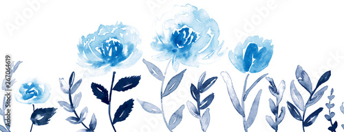 Seamless watercolor floral border in shades of blue and indigo.