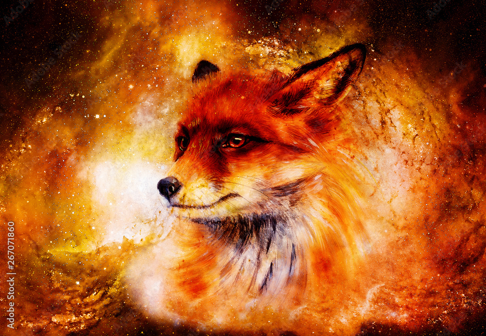 Painting of wild fox on paper. in cosmic space. - obrazy, fototapety, plakaty 