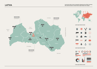  Vector map of Latvia. High detailed country map with division, cities and capital Riga. Political map,  world map, infographic elements.