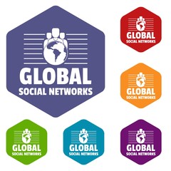 Wall Mural - Global social networks icons vector colorful hexahedron set collection isolated on white 
