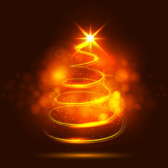 Spiral Christmas tree from yellow light on dark background. Abstract lights background on blurred bokeh. Vector illustration.