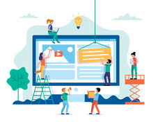 Website Design - Building A Website, Working On Layout. Small People Characters Doing Various Tasks. Concept Vector Illustration In Flat Style