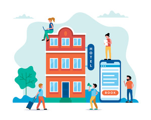 Wall Mural - hotel booking, people searching and reservation. small characters doing various tasks, team working.
