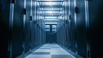 Leinwandbilder - Data Center With Between Two Rows of Fully Operational Server Racks. Modern Telecommunications, Cloud Computing, Artificial Intelligence, Database, Supercomputer Technology Concept.