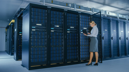 Aufkleber - In Data Center: Female IT Technician Stand Near Opened Rack Cabinet and Runs Maintenance Program on Laptop, Controls Operational Server's Optimal Functioning. 