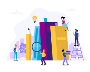 Wall Mural - reading and learning concept illustration with books, pencil, small people characters doing various 