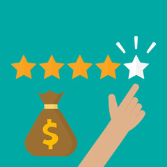 Hand pointing to five star rating with money bag. Feedback concept. Flay style vector illustration